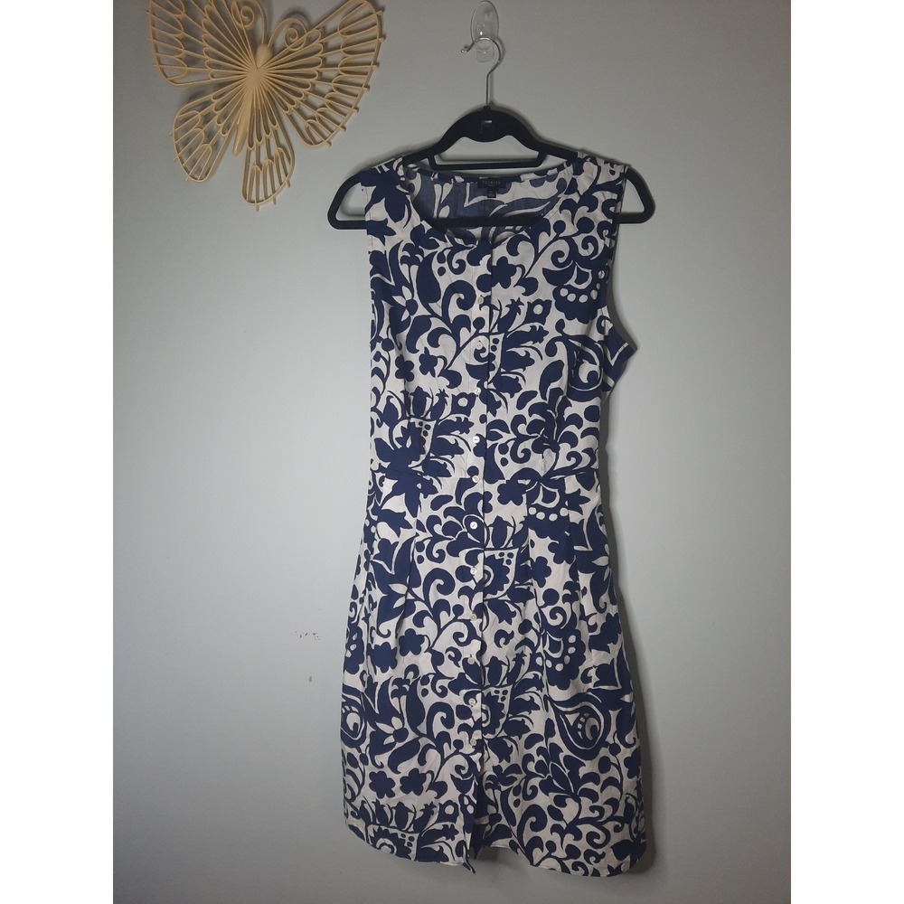 Talbots Petite Blue White Cotton Damask Scroll Button Front Tie Back Dress 14P